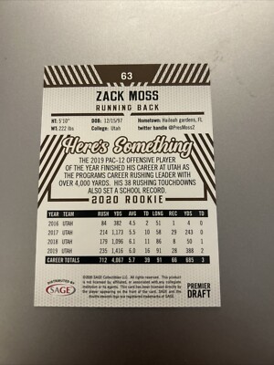NFL ZACK MOSS直筆サイン入りジャージ 2020 Sage Hit - #63 Zack Moss (RC) Football Card 9QQQ | eBay
