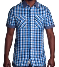 Buffalo by David Bitton Mens Creek Blue Plaid SS Button Up Shirt Small