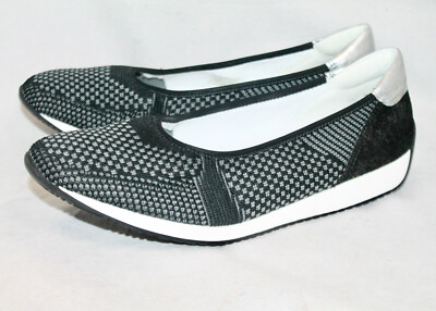 ARA Lauren Comfort Flat Women Size US 9 UK 6.5 Black Gray Woven Fabric 15444