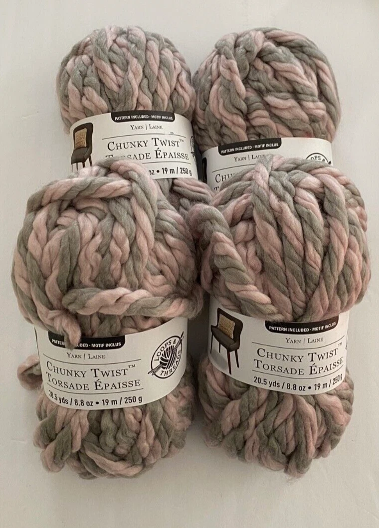 New Loops + Threads Chunky Twist # 7 Jumbo Pink/Grey Yarn 8.8 oz 4 Skeins