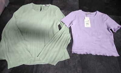 Kleiderpaket Stradivarius Pull&Bear 2x Damen Bluse T-Shirt Shirt Lila Grün Gr M