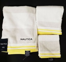 3 PCS NAUTICA SANTEE GRAY,WHITE,YELLOW STRIPE COTTON BATH,HAND TOWEL,WASHCLOTH