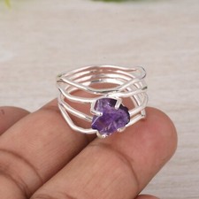 Wide 925 Sterling Silver Multi Band Ring With Unique Raw Amethyst Chunky Jewelry