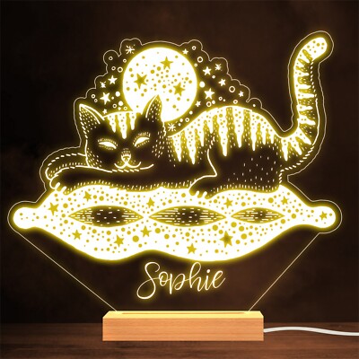 Schlafende Katze auf einem Kissen mit Mond Sternen Gothic Mystic individuelles Geschenk Nachtlicht