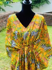 Indian Yellow Long Animal Print Cotton Hippie Maxi Women Nightwear Caftan Dress
