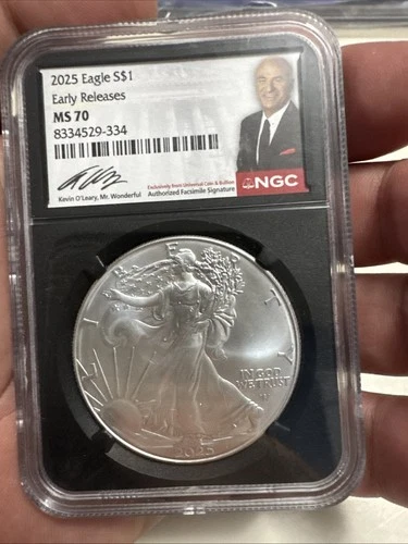 2025 Silver Eagle S$1 Early Releases MS70 Kevin O'Leary NGC Signed Label #287