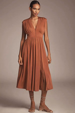 Anthropologie Sleeveless V Neck A Line Midi Boho Fall Cottagecore Dress Brown L