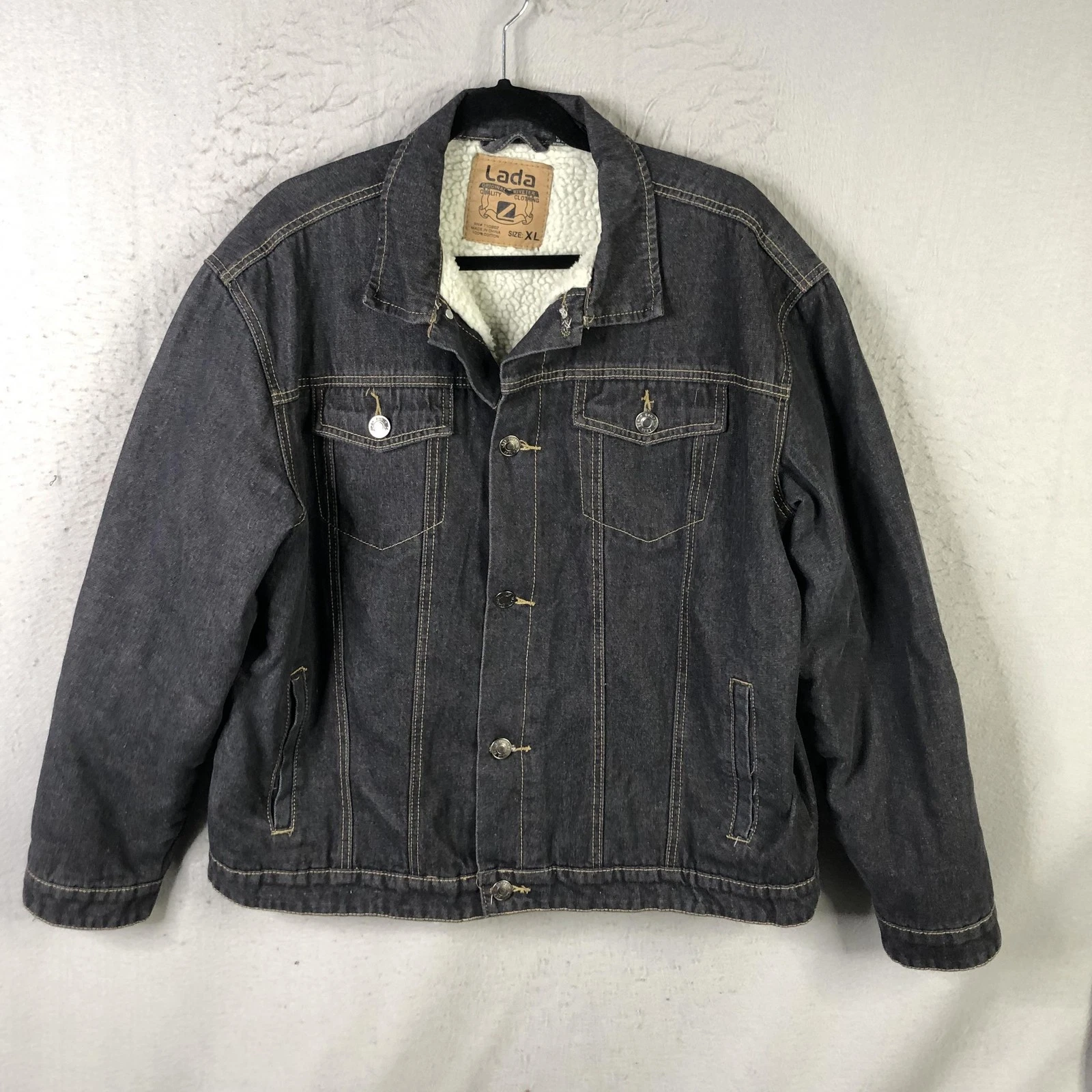 Lada Jacket Mens XL Blue Denim Sherpa Lined Bomber Button Front Western