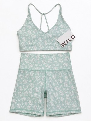Wilo The Label Floral Crossback Bra & Biker Shorts Set Sage Green Sz S NWT $106