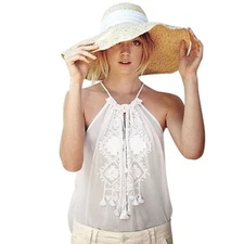 Andree DeLair Anthropologie Embroidered Tunic Tassel Ethereal Boho Halter Top L