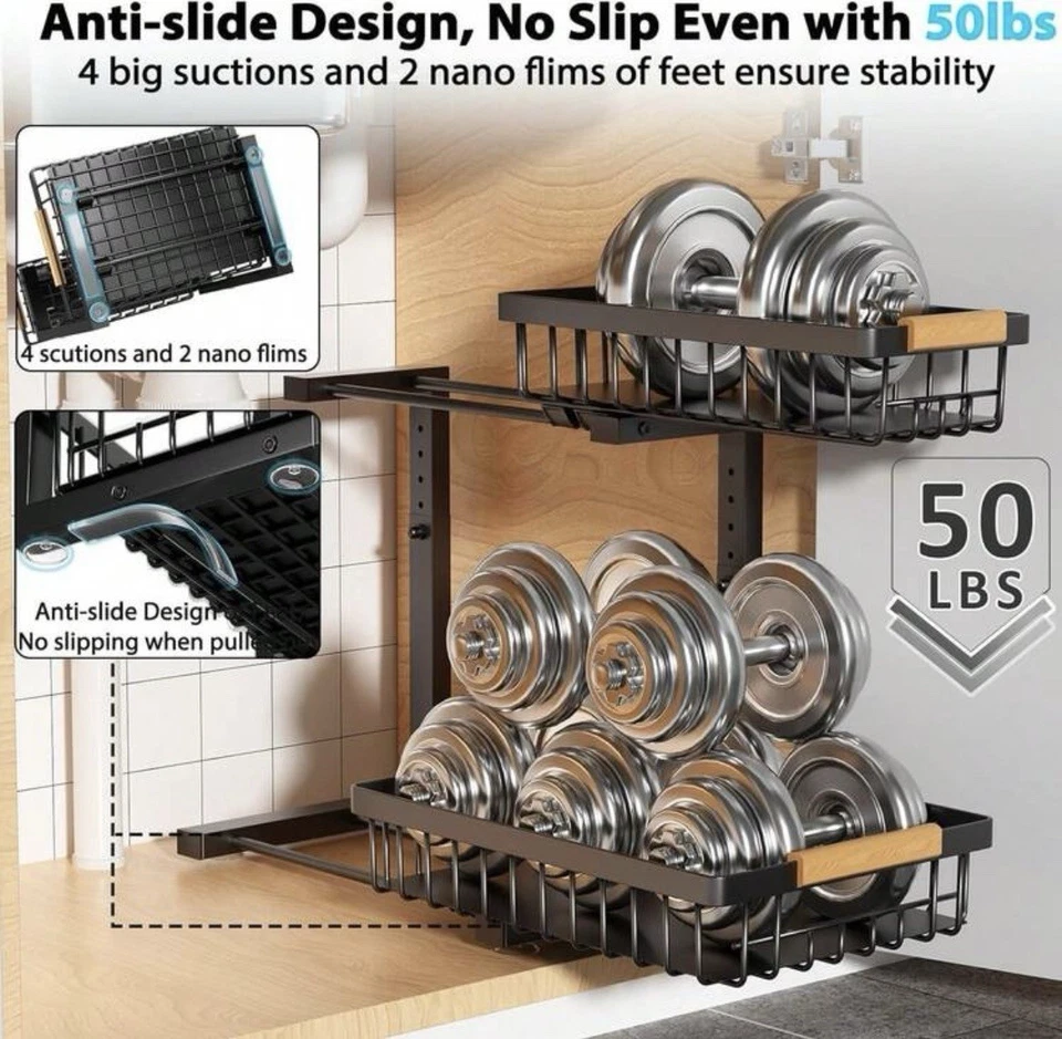 Under Sink Organizer Storage 2 Pack, 2 Tier Slide Out Height Adjustable Pull Out - Image 4 of 4