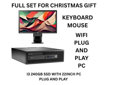Windows 11 Pro 22 Zoll Monitor Core i3 240 SSD 8GB RAM Desktop PC SFF Plug Play