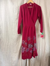 Vintage Shubee Fashions Dress Sz Med Red Floral Wrap Midi Long Sleeve
