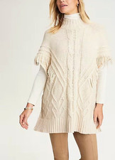 NUEVO CON ETIQUETAS J Jill Poncho con Flecos Cable Suéter Algodón/Nylon Tostado Almendra Talla S-L $109
