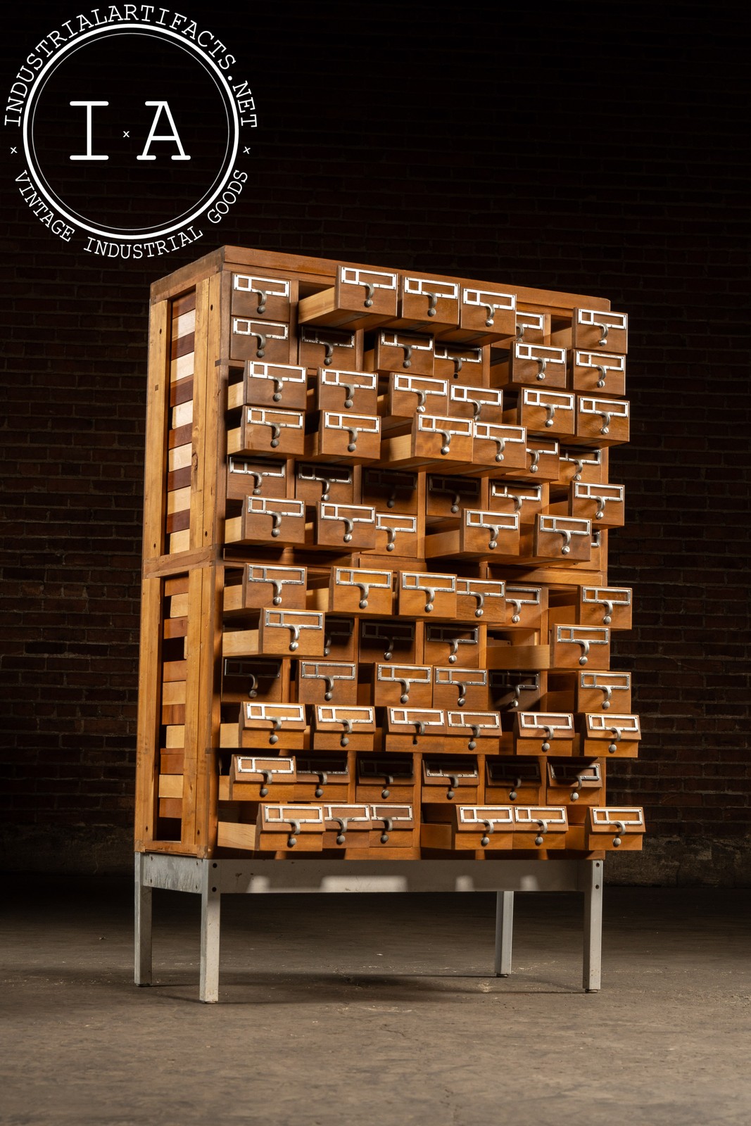 Massive Vintage 72-Drawer Oak Library Card Catalog on Steel Base