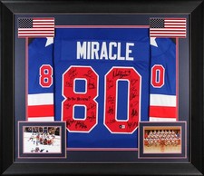 1980 USA Hockey 19 Autos Craig, Eruzione, Broten Signed Blue Framed Jersey BAS