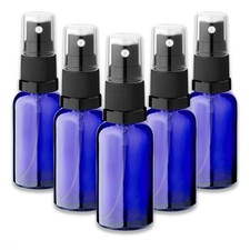 5x Blaue Glasflasche 30 ml mit schwarzem Zerstäuber Sprükopf Pumpspray