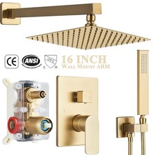 Brushed Gold Shower Faucet Set 16"Rainfall Head System With Valve kit Wall Mount