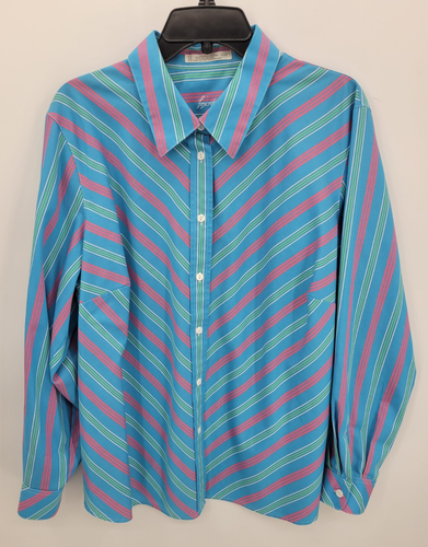 Foxcroft Top Womens Plus 18W Blue Stripe Artsy Print Button Up Wrinkle Free