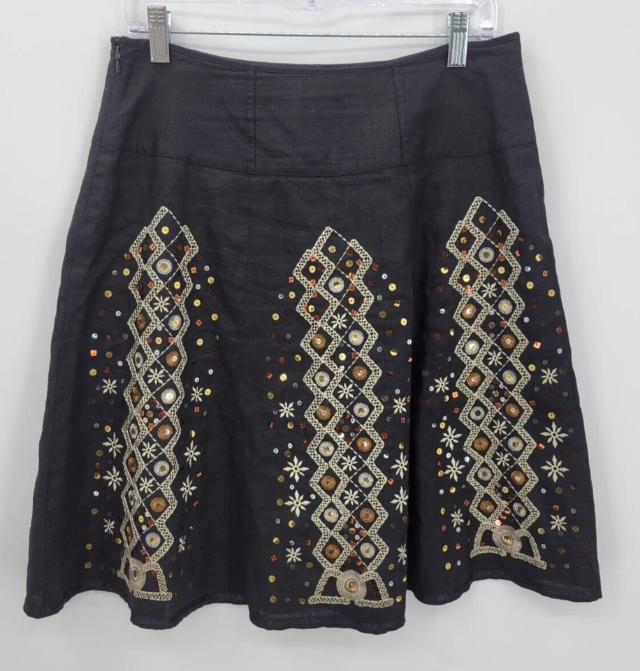 Falda Grace Elements para mujer 6P negra lino línea A bordada lentejuelas arte boho Foto 2 de 4