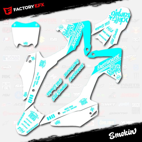 White & Cyan Smokin Racing Graphics kit fits Honda CRF110 2013-2018 Decal 13-18 - Picture 6 of 8