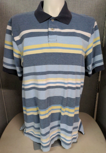 Eddie Bauer Shirt Mens XL Tall Blue With Yellow Stripe Short Sleeve Polo