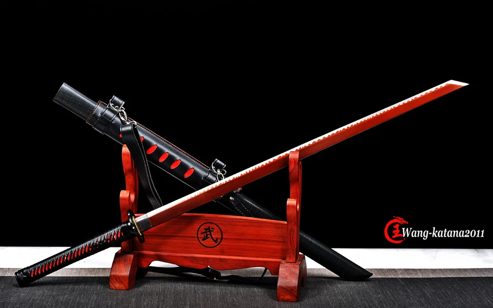 Espada recta ninja japonesa de acero negra Ninjato roja 1095 con correas  Foto 2 de 4