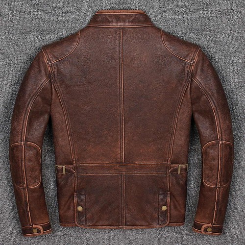 Mens Biker Motorcycle Cafe Racer Vintage Distressed Brown Cowhide Leather Jacket - Bild 2 von 4