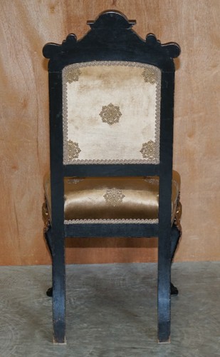 FOUR RESTORED ANTIQUE VICTORIAN HEAVILY CARVED EBONISED GOLD GILT DINING CHAIRS - Picture 10 of 12