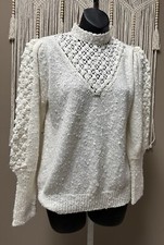 Vtg 80s Leroy Crochet Knit Massive Detail Puff Balls Off White Sweater Women L