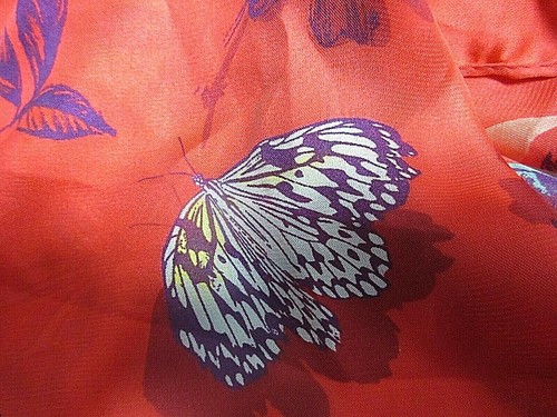 Scarf Red Floral W/Butterflies Polyester Approx. 68" Long - Picture 2 of 4