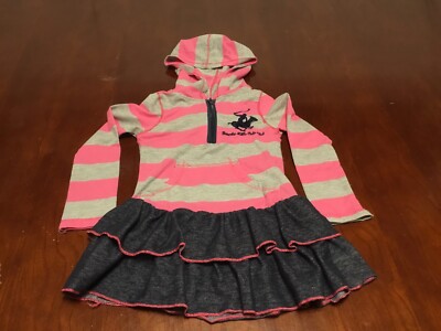 Beverly Hills Polo Club Girl Child 3T T-shirt Dress Pink Gray Stripe Hood L/S
