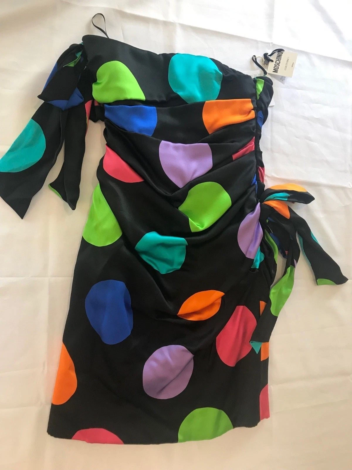 Abito da cocktail SS15 Moschino Couture Jeremy Scott Barbie seta nera cerchi al neon