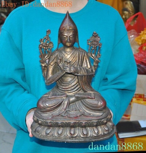 12"Tibetan Buddhism temple bronze Gilt Tsongkhapa Master Shamanism Buddha Statue - Picture 1 of 9
