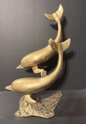 Vintage Solid Brass Double Dolphin Statue Large Sculpture  16  Height