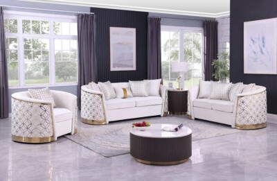 NEW Luxury Cream Gold 3PC Sofa Contemporary Two-Tone Glam Velvet Living Room Set