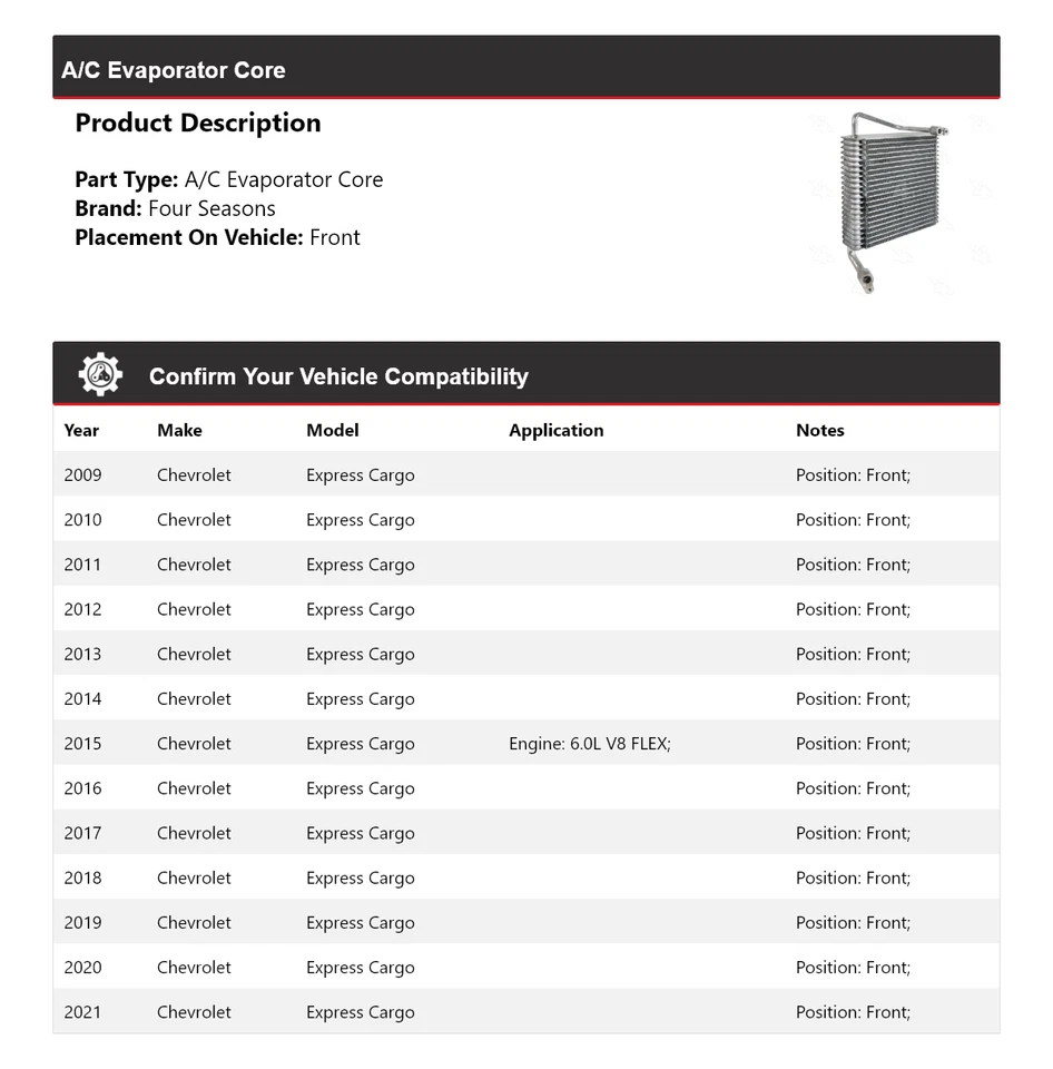 For 2009-2021 Chevrolet Express Cargo A/C Evaporator Core Front 4 Seasons 2010 - Image 2 of 4