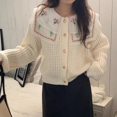 Women Peter Pan Collar Knitted Cardigan Tops Embroidery Splice Long Sleeve