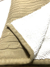 Camel Tan  White Cable Knit  Sherpa Throw Blanket 49x56 Soft Cozy Warm Winter