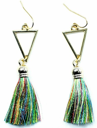 GOLD STYLE BOHO SILKY TASSLE MULTICOLOUR DANGLE FRINGE TASSEL EARRINGS DROP UK - Picture 9 of 11