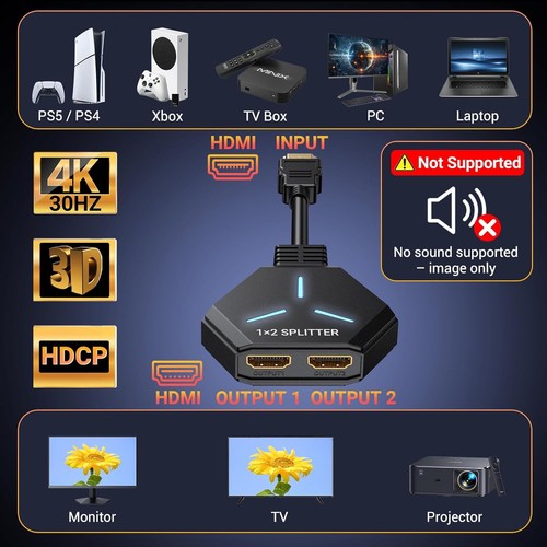 HDMI Splitter 1 in 2 out for Dual Monitors, 4K HDMI Adapter for Double Screens - Picture 2 of 9