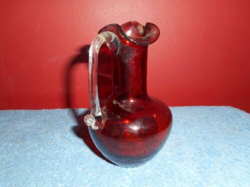 Vintage PILGRIM Glass Hand Blown Ruby Pitcher Red Jug Applied Clear Handle - Picture 2 of 12