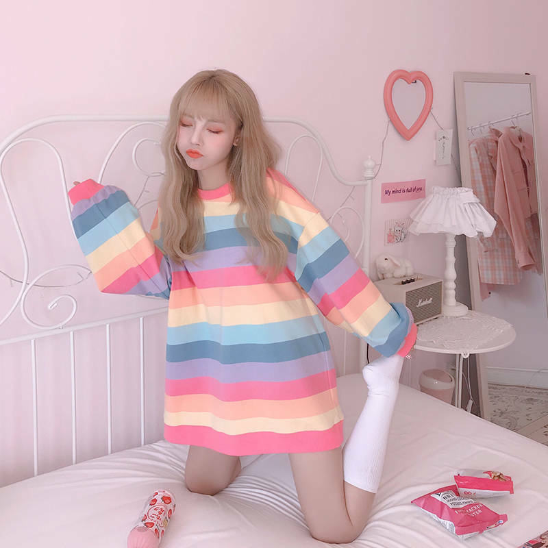 Kawaii Clothing Long Sleeved T-Shirt Rainbow Pastel Goth Harajuku Ulzzang  Pink