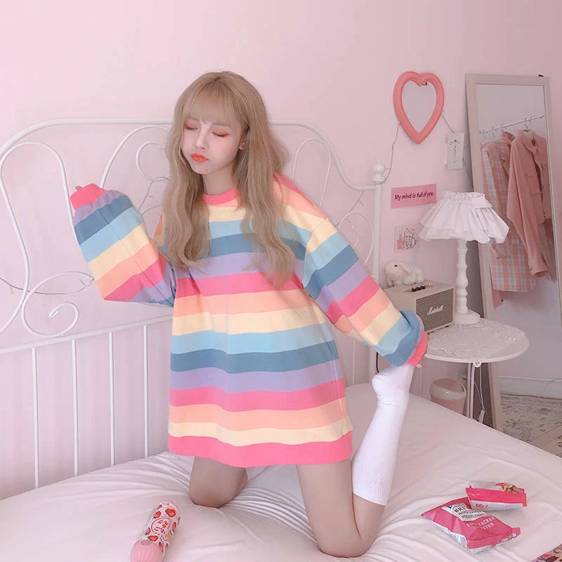 Kawaii Clothing Long Sleeved T Shirt Rainbow Pastel Goth Harajuku Ulzzang Pink