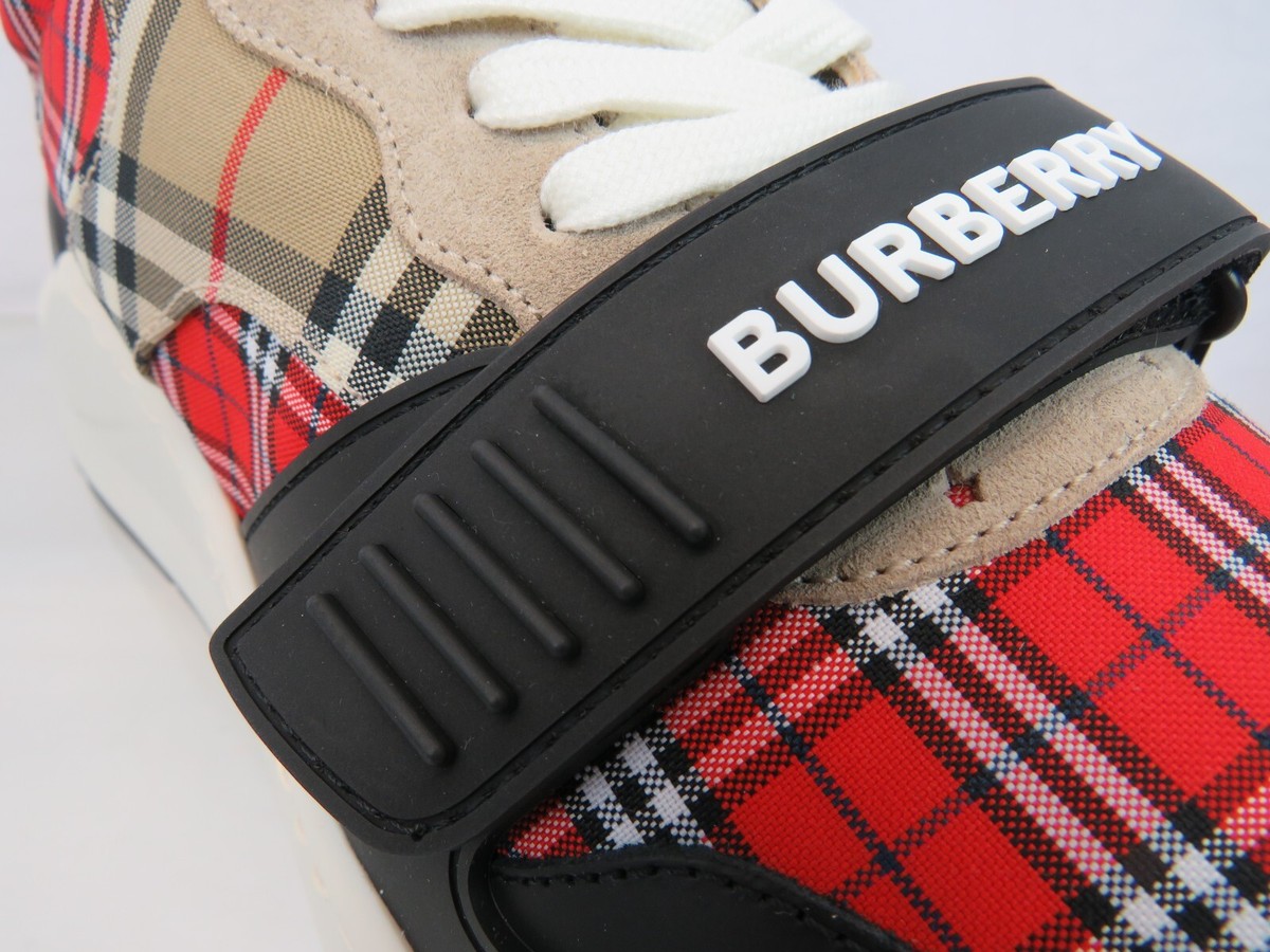 BURBERRY RAMSEY RED BEIGE CHECK CANVAS SUEDE LOGO STRAP