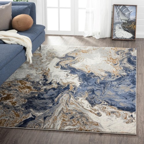 Marble Collection Blue Area Rug 6x9 Modern Abstract Swirl Design Non-Shedding...