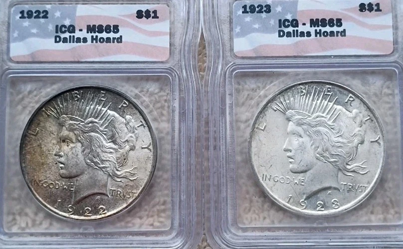1922 & 1923 ICG MS65 Silver Peace Dollars - ICG  Dallas Hoard Labels - Image 2 of 4