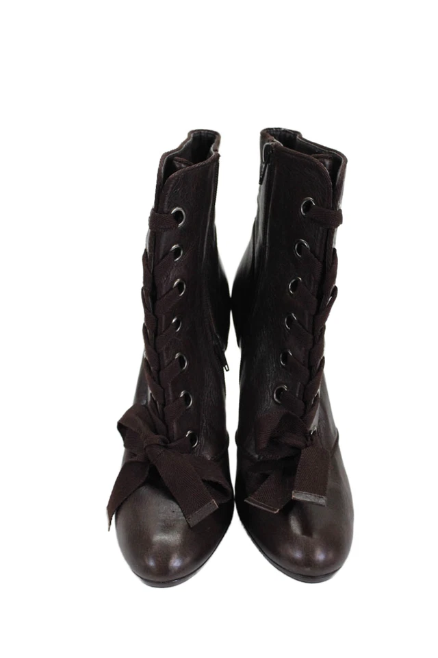 Botas Linea Paolo femininas de couro com cadarço biqueira redonda zíper lateral marrom tamanho 7,5M - Imagem 2 de 4