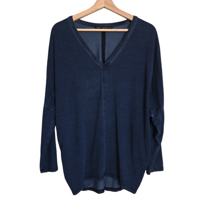 WHBM SMALL Lyocell Lived-In Lagenlook Dolman Sleeve Vneck Oversized Shirt Navy