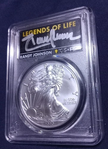 RANDY JOHNSON AUTO 2020 P Emergency Issue PSA/PCGS SILVER EAGLE MS70